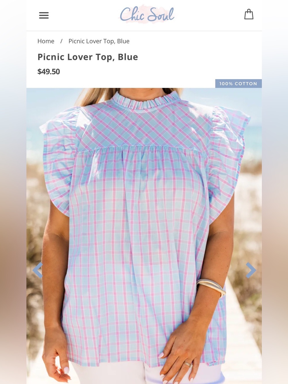Chic Soul Picnic Lover Flutter Sleeve Top - Blue and Pink Plaid - NWOT
